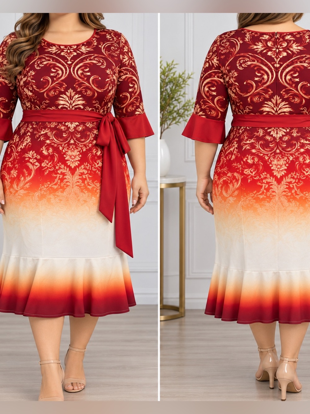 Women’s 2XL Stretch Midi Dress Red Ombre Paisley Print Short Sleeve Tie Waist